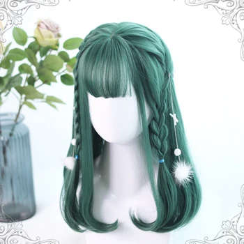 MEIFAN Žalia Mėlyna Violetinė, vidutinio ilgio Perukas Tiesiai Lolita Cosplay Perukai, Perukai Karščiui Atsparių Sintetinių Plaukų Anime Party Plaukų