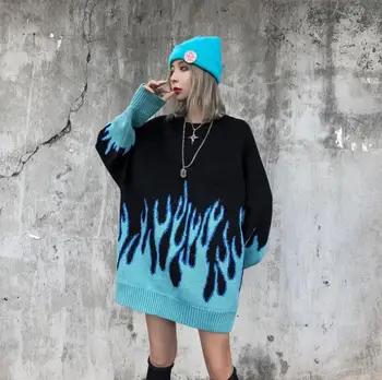 Korėjos purus megzti liepsna vyrų ir moterų hip-hop streetwear o-kaklo megztinis (puloveris)