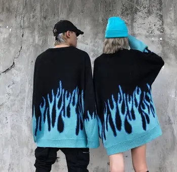 Korėjos purus megzti liepsna vyrų ir moterų hip-hop streetwear o-kaklo megztinis (puloveris)